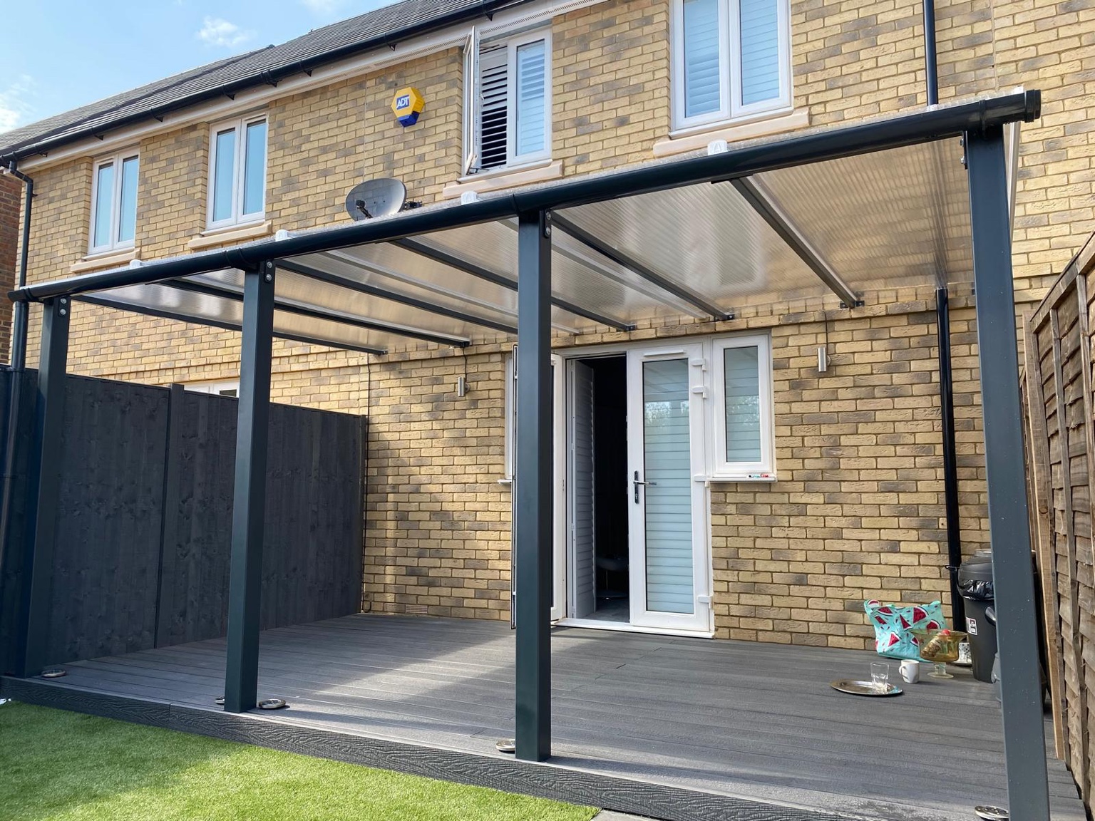 A closer view of the steel pergola